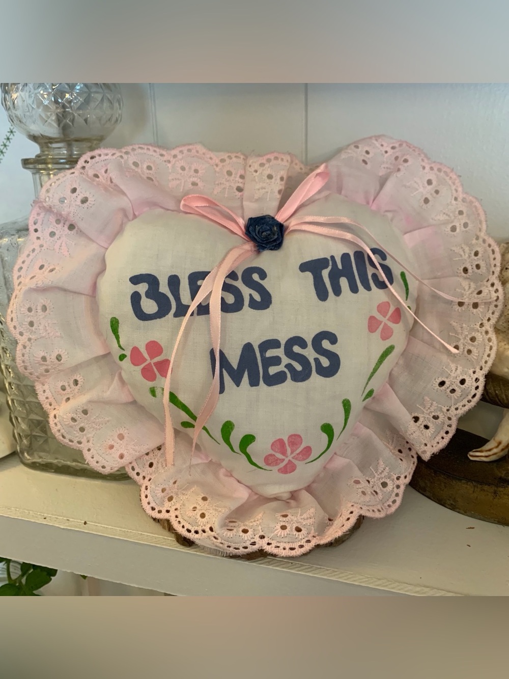 Vintage Decorative pillow Heart shaped Bless This Mess 10x9 Ruffled pink Lace